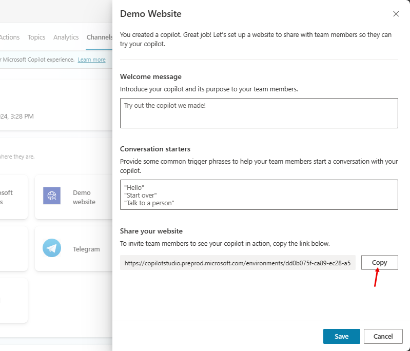 Configure el sitio web de demostración para su nuevo copiloto.