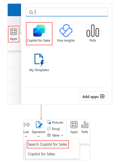 Captura de pantalla que muestra la opción de búsqueda en la aplicación Copilot for Sales en el nuevo Outlook.