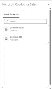 Captura de pantalla que muestra el panel de búsqueda en la aplicación Copilot for Sales en Outlook clásico.