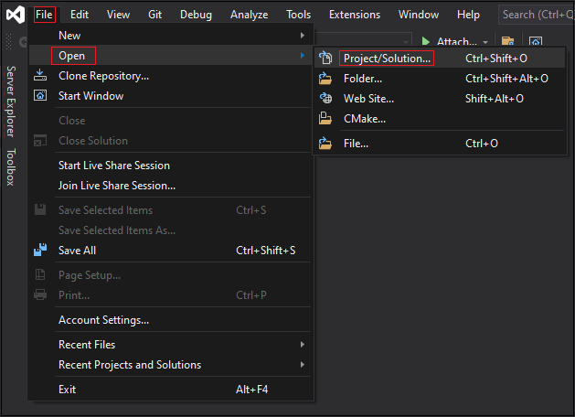 Captura de pantalla que muestra Visual Studio con el archivo, abierto y proyecto o solución resaltados en rojo.