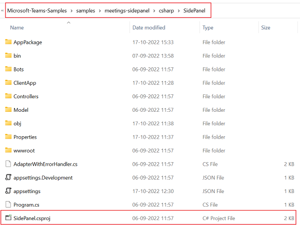 Captura de pantalla que muestra el repositorio clonado con el archivo de proyecto del panel lateral resaltado en rojo.
