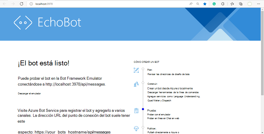 Captura de pantalla que muestra una página web con un mensaje que indica que el bot está listo.