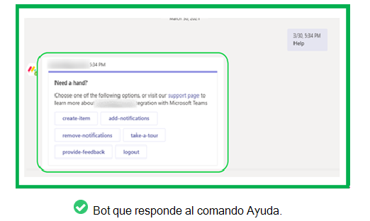 El gráfico muestra un ejemplo de bot que envía una respuesta válida para el comando help.