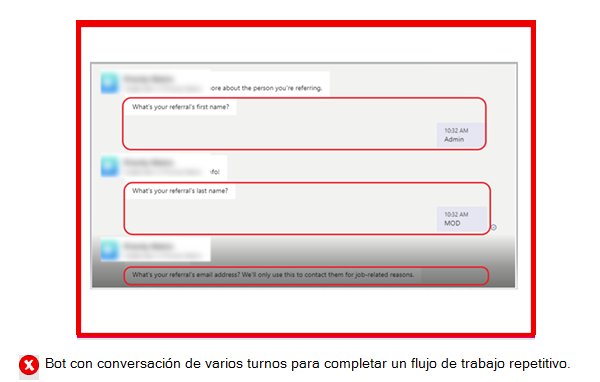 El gráfico muestra un bot de ejemplo que usa mensajes de varios turnos para completar una sola conversación.