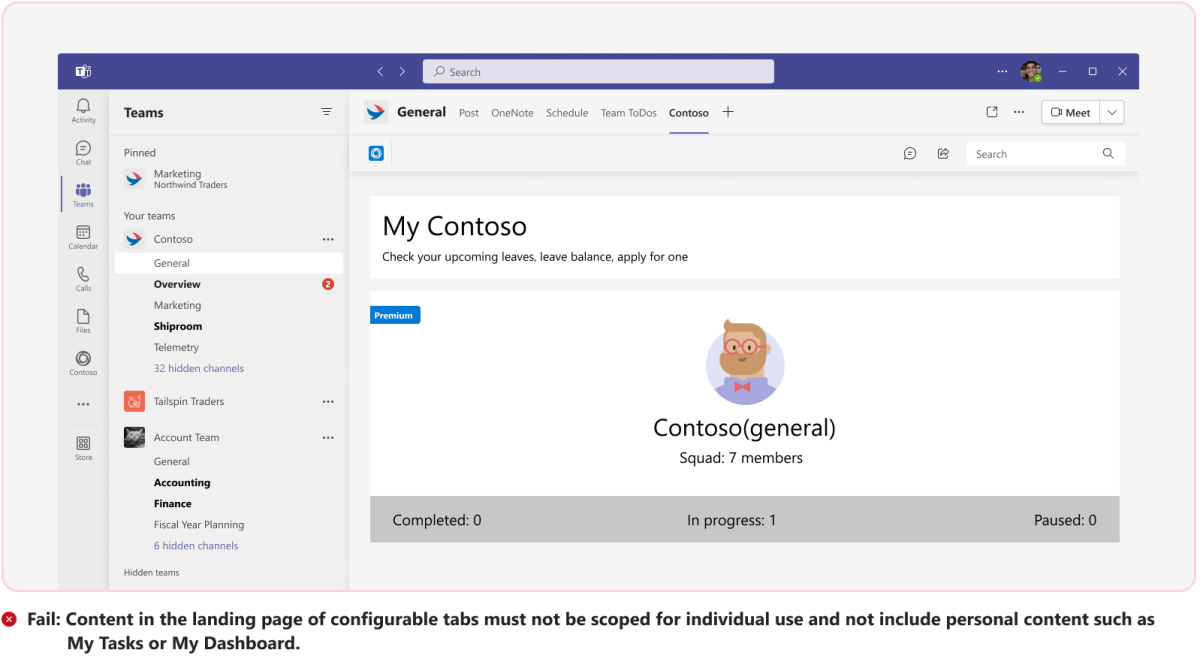 El gráfico muestra un ejemplo de contenido en una pestaña configurable con ámbito personal, como Mis tareas o Mi panel.