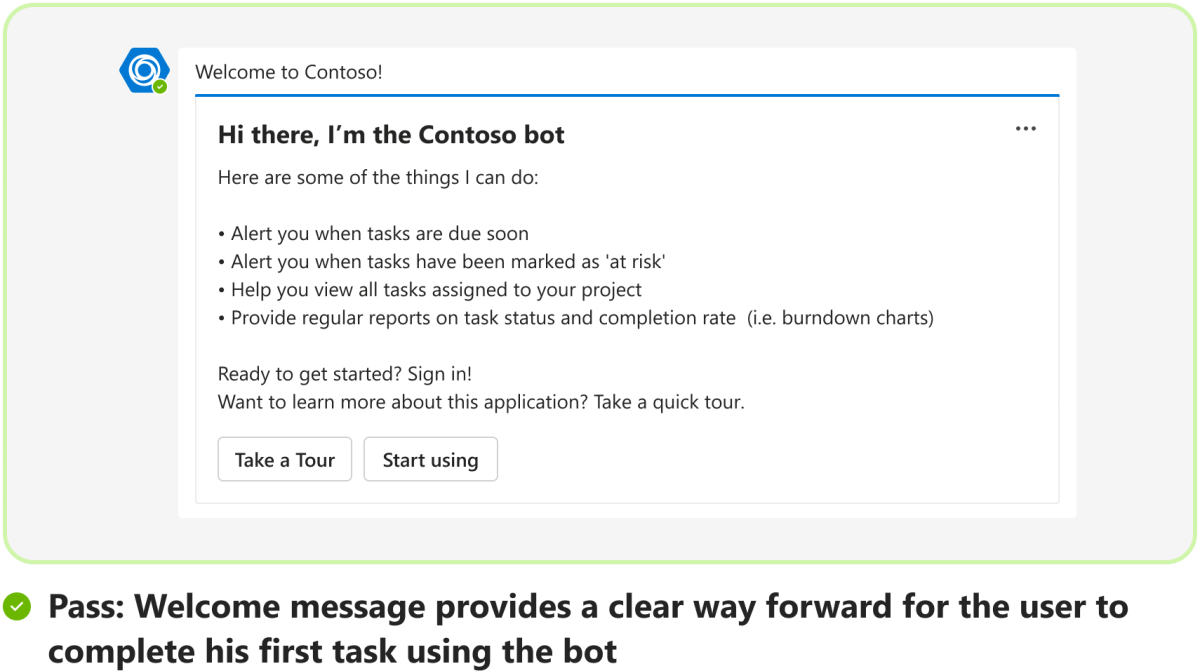 El gráfico muestra un ejemplo de mensaje de bienvenida del bot con una manera clara de avanzar para que el usuario complete la tarea.