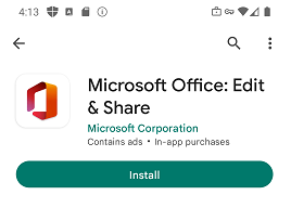 La captura de pantalla es un ejemplo que muestra el botón de instalación de la aplicación Office (Microsoft 365) en Google Play Store.