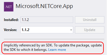 Captura de pantalla que muestra un paquete NuGet con el botón Actualizar deshabilitado.