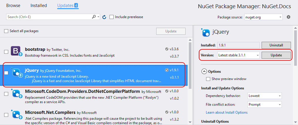 Captura de pantalla que muestra el Administrador de paquetes NuGet con un paquete seleccionado y su botón Actualizar resaltado.
