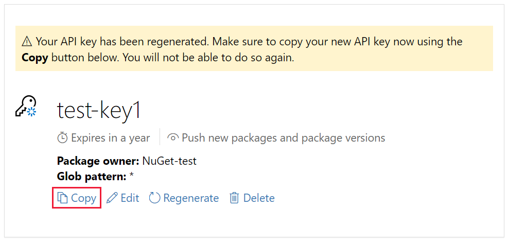Captura de pantalla que muestra la nueva clave de API con el vínculo Copiar.