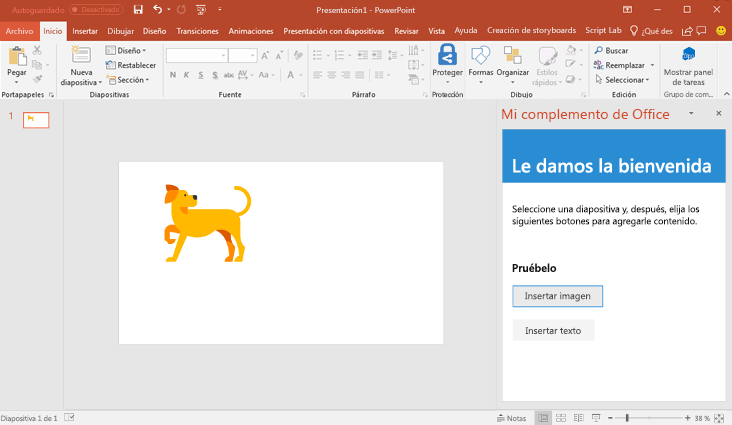 Captura de pantalla de PowerPoint con una imagen de un perro mostrado en la diapositiva.