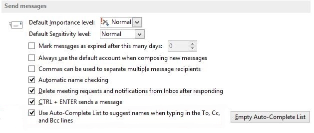 Captura de pantalla de la ventana Enviar mensajes y la opción Usar lista de autocompletar para sugerir nombres al escribir en el cuadro Líneas para, Cc y CCO está activada.