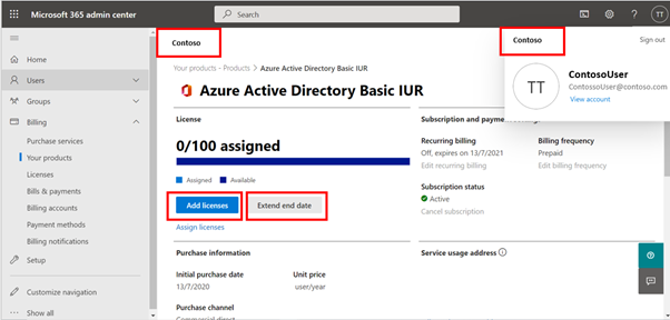 Captura de pantalla que muestra cómo agregar licencias en la página De productos en la nube y Azure.