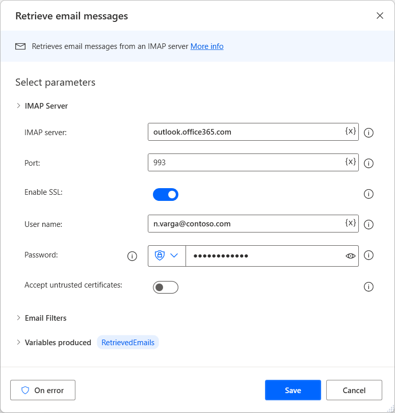 Captura de pantalla de la configuración del Servidor IMAP de la acción Recuperar correos electrónicos.