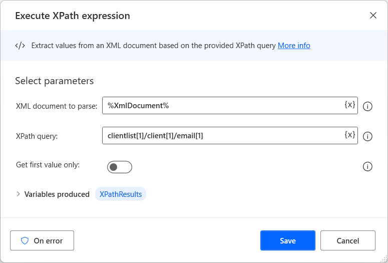 Captura de pantalla de la acción Ejecutar expresión XPath