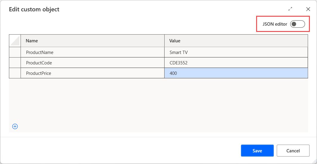 Captura de pantalla de una variable de entrada de objeto personalizado en el editor visual.