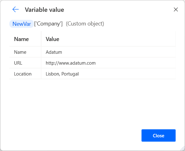 Captura de pantalla de ejemplo de un objeto personalizado secundario en el visor de valor de variables.