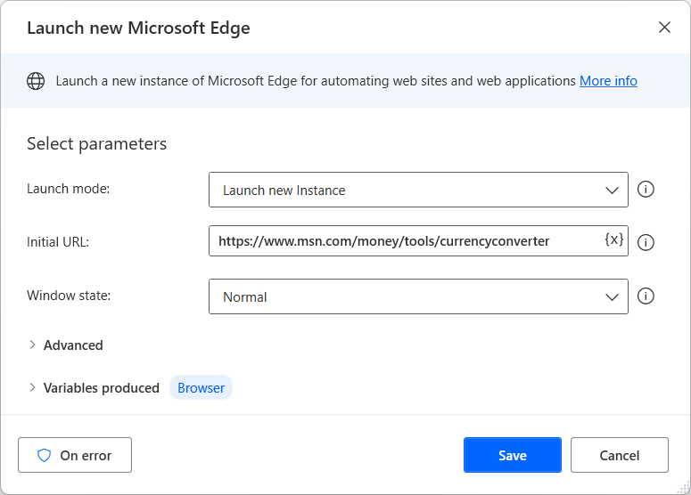 Captura de pantalla de la acción Iniciar nuevo Microsoft Edge.