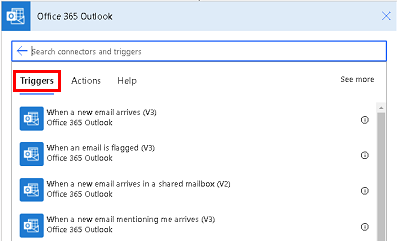 Captura de pantalla de algunos de los desencadenadores de Office 365 Outlook.