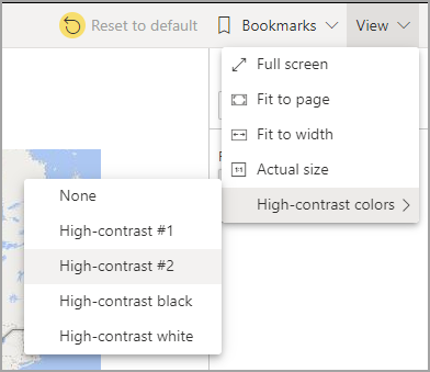 Screenshot of the Power BI service in edit mode, highlighting View and High-contrast colors.