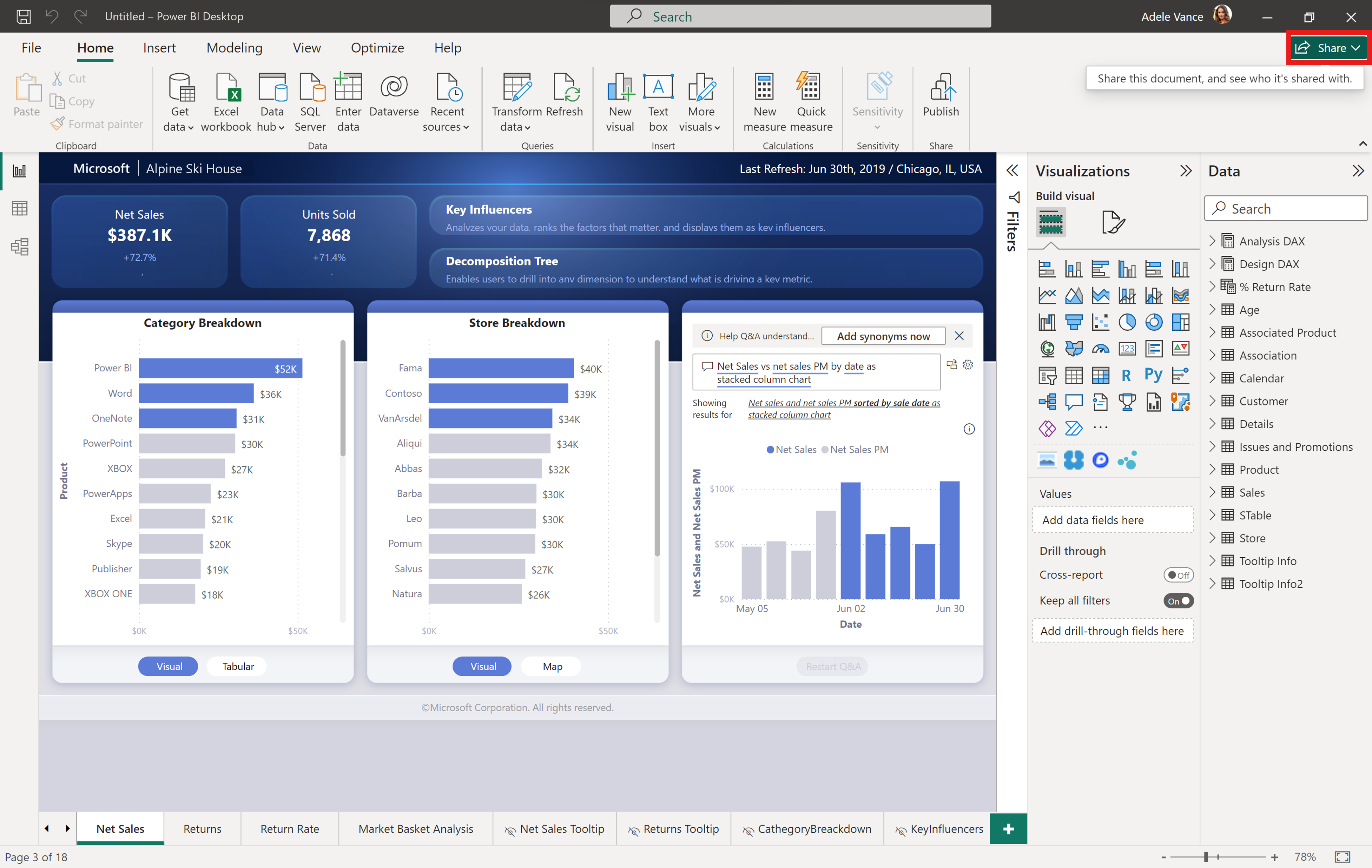 Screenshot of share button in Power BI Desktop.