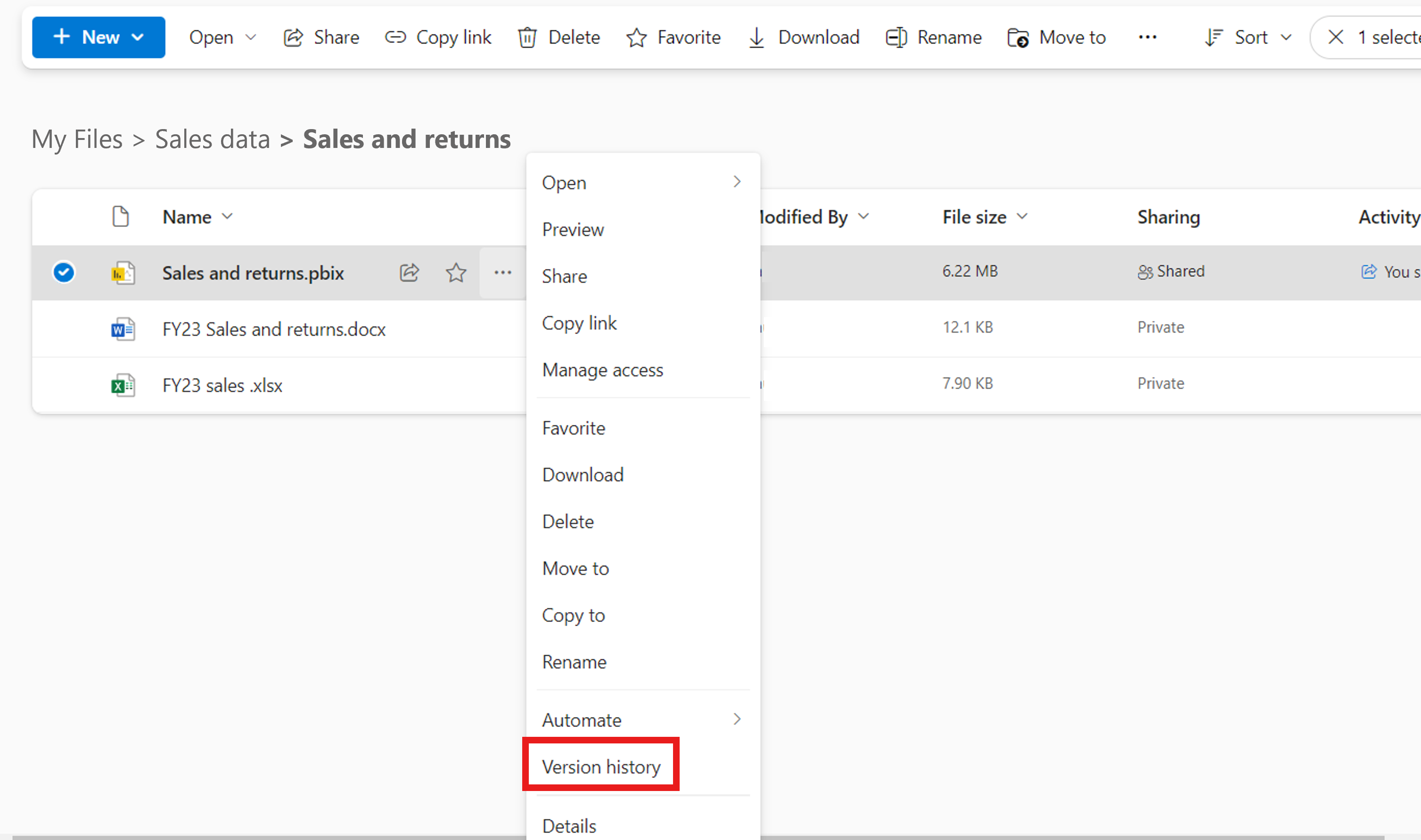 Screenshot of version history in OneDrive and SharePoint.