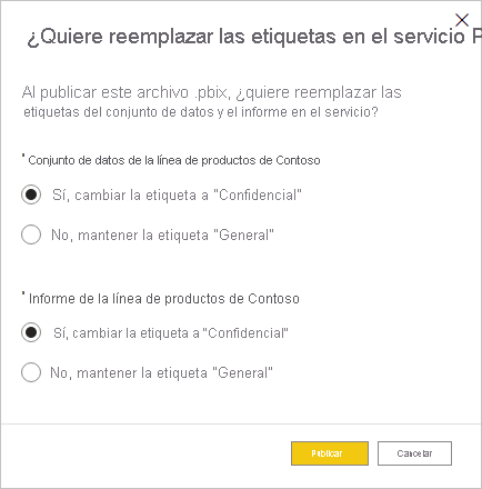 Captura de pantalla del cuadro de diálogo para elegir mantener o sobrescribir etiquetas de confidencialidad en el servicio.