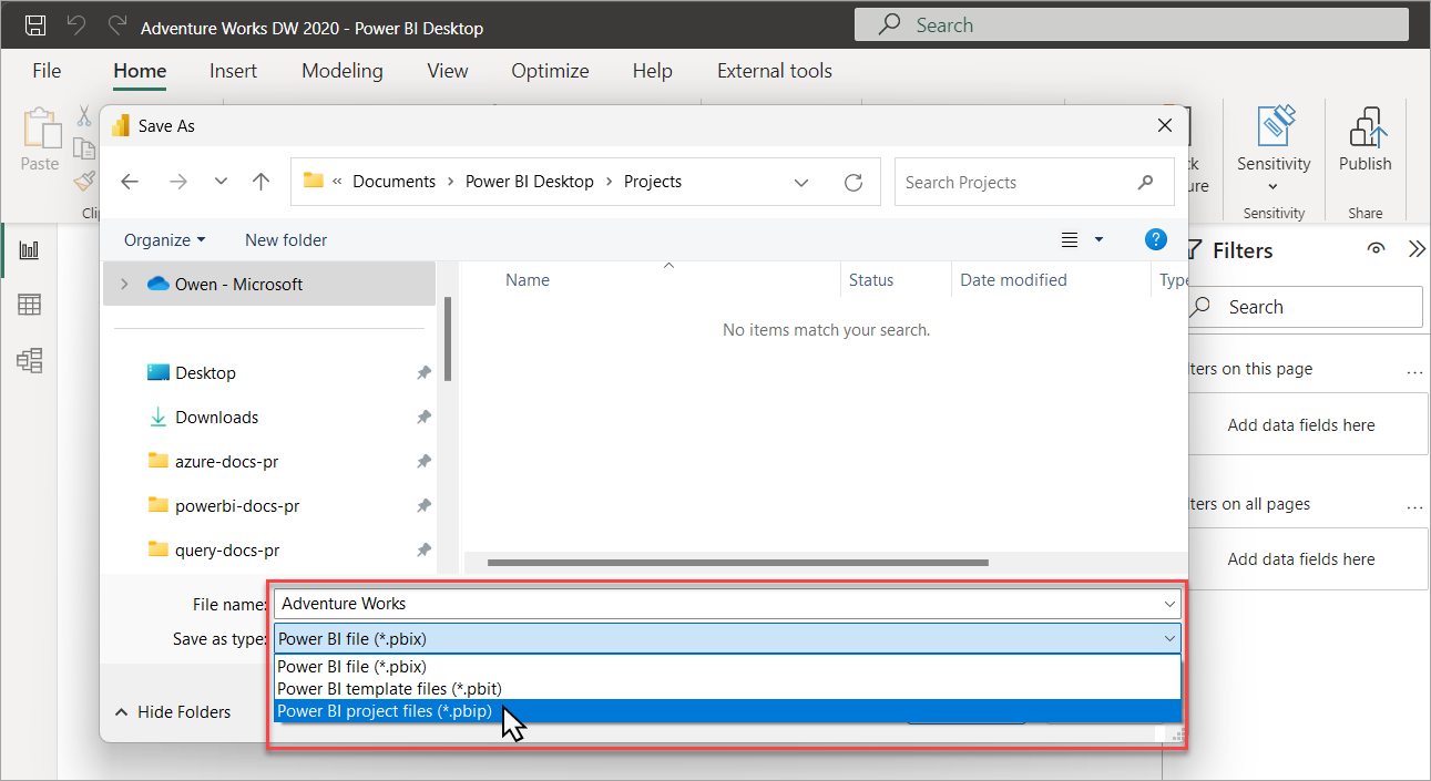Captura de pantalla que muestra cómo guardar un archivo como un proyecto de Power BI