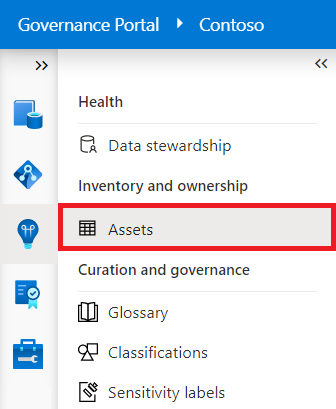 Captura de pantalla del menú Insights del portal de gobernanza de Microsoft Purview con activos resaltados.