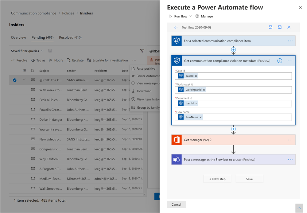 Cumplimiento de comunicaciones de Power Automate.