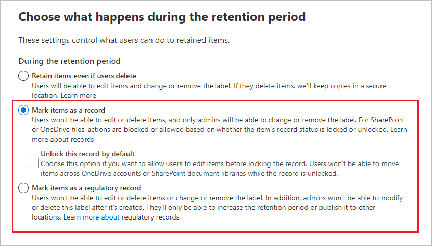 Configurar una etiqueta de retención para marcar contenido como un registro o como un registro normativo.