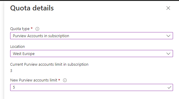 Captura de pantalla que muestra cómo especificar el importe de la cuota para las cuentas de Microsoft Purview por suscripción