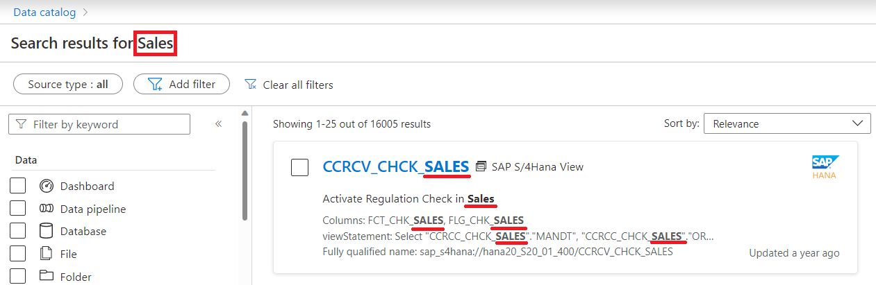Captura de pantalla que muestra una devolución de búsqueda para Sales, con todas las instancias del término resaltadas en los resultados devueltos.