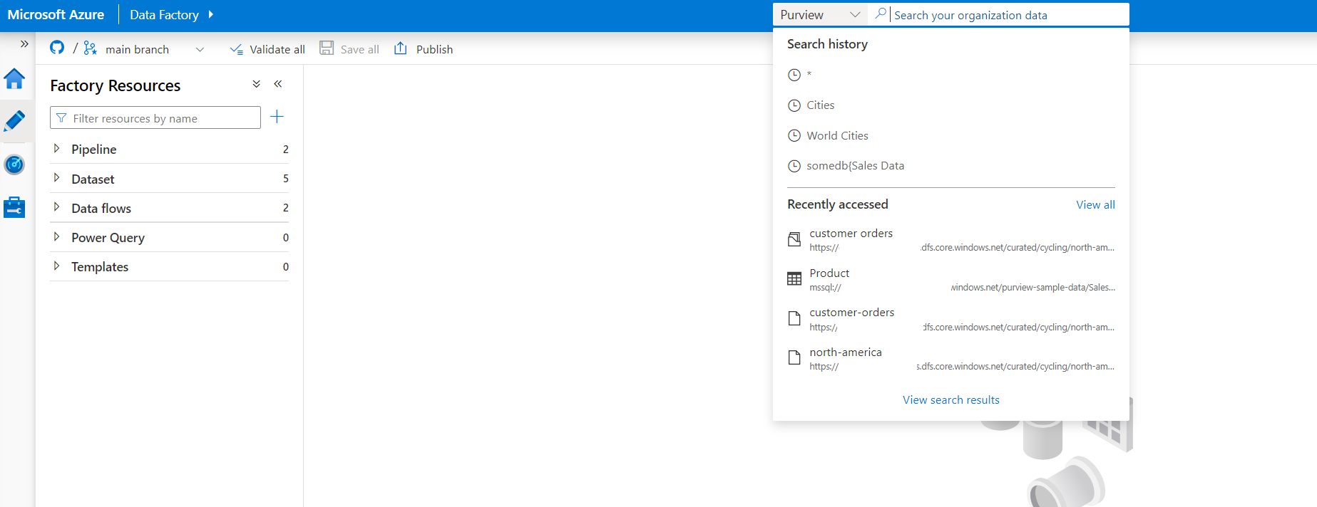 Captura de pantalla que muestra cómo usar la búsqueda de Microsoft Purview en Azure Data Factory