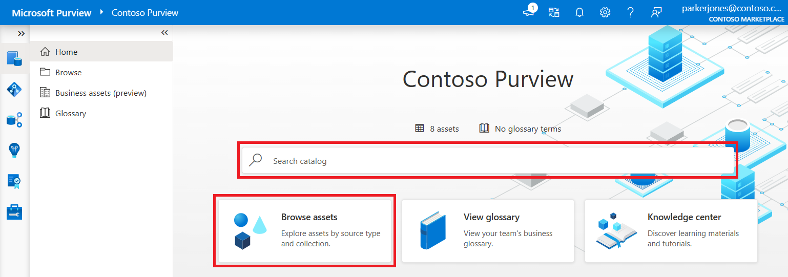 Captura de pantalla que muestra la página principal del portal de gobernanza de Microsoft Purview con las opciones de búsqueda y exploración resaltadas.