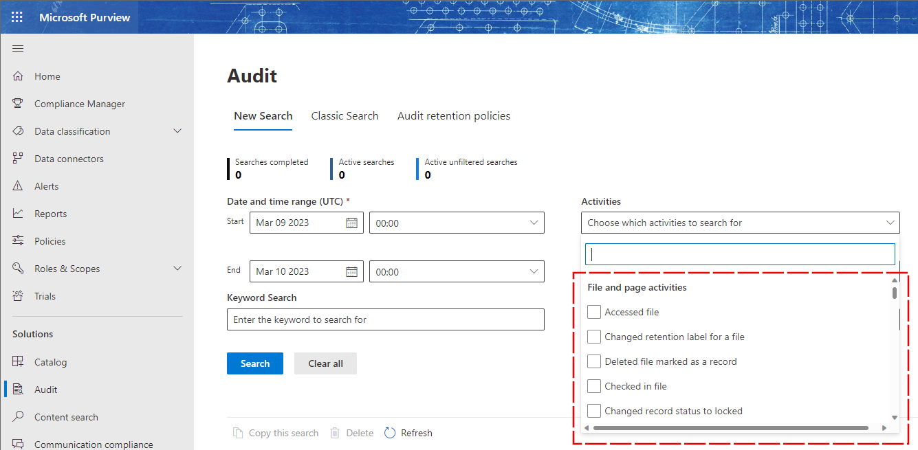 Captura de pantalla de la interfaz de usuario de registros de auditoría