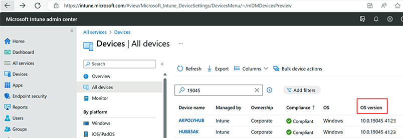 Captura de pantalla de dispositivos Surface Hub 2S inscritos en el Centro de administración de Microsoft Intune.