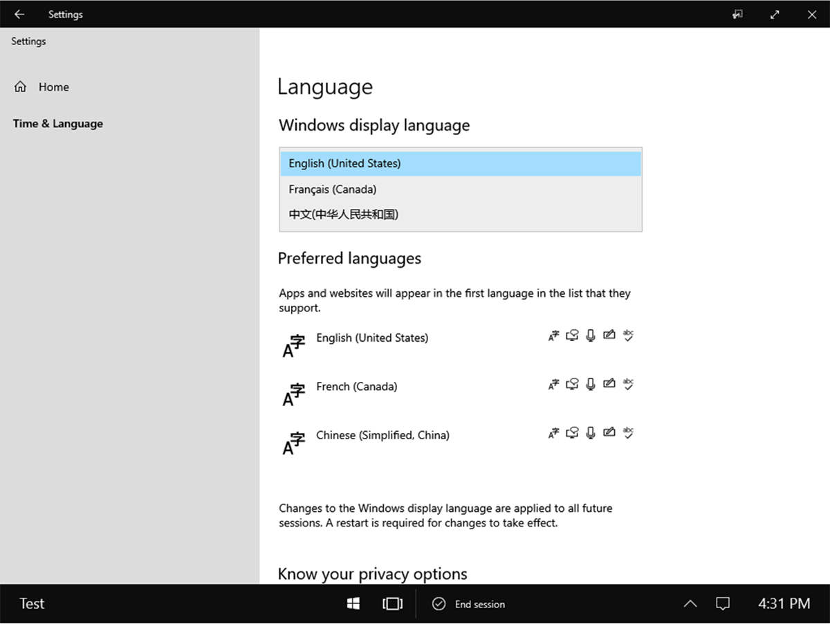 Captura de pantalla que muestra la configuración de idioma de Pantalla de Windows en Surface Hub.