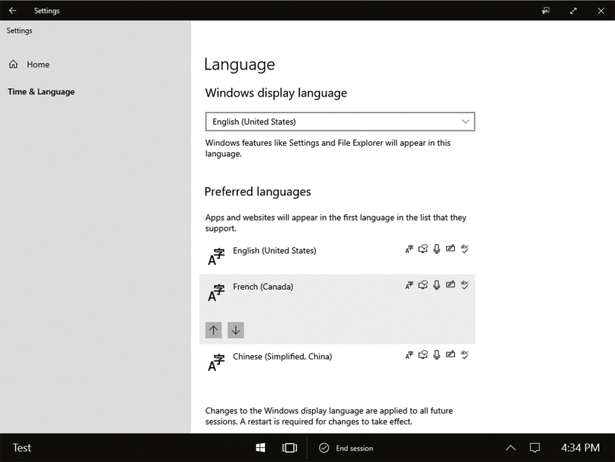 Captura de pantalla que muestra la lista de idiomas preferidos en Surface Hub.