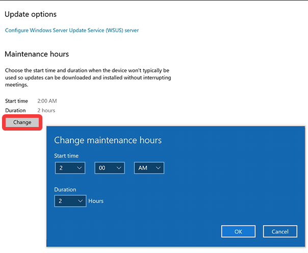 Imagen que muestra dónde configurar las horas de mantenimiento de Surface Hub.