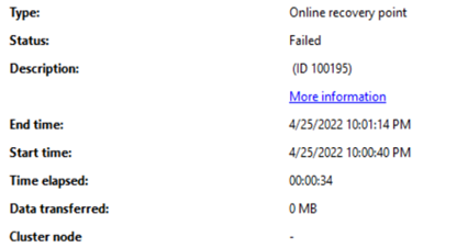 Captura de pantalla que muestra el mensaje de error cuando se crea el punto de recuperación en línea.