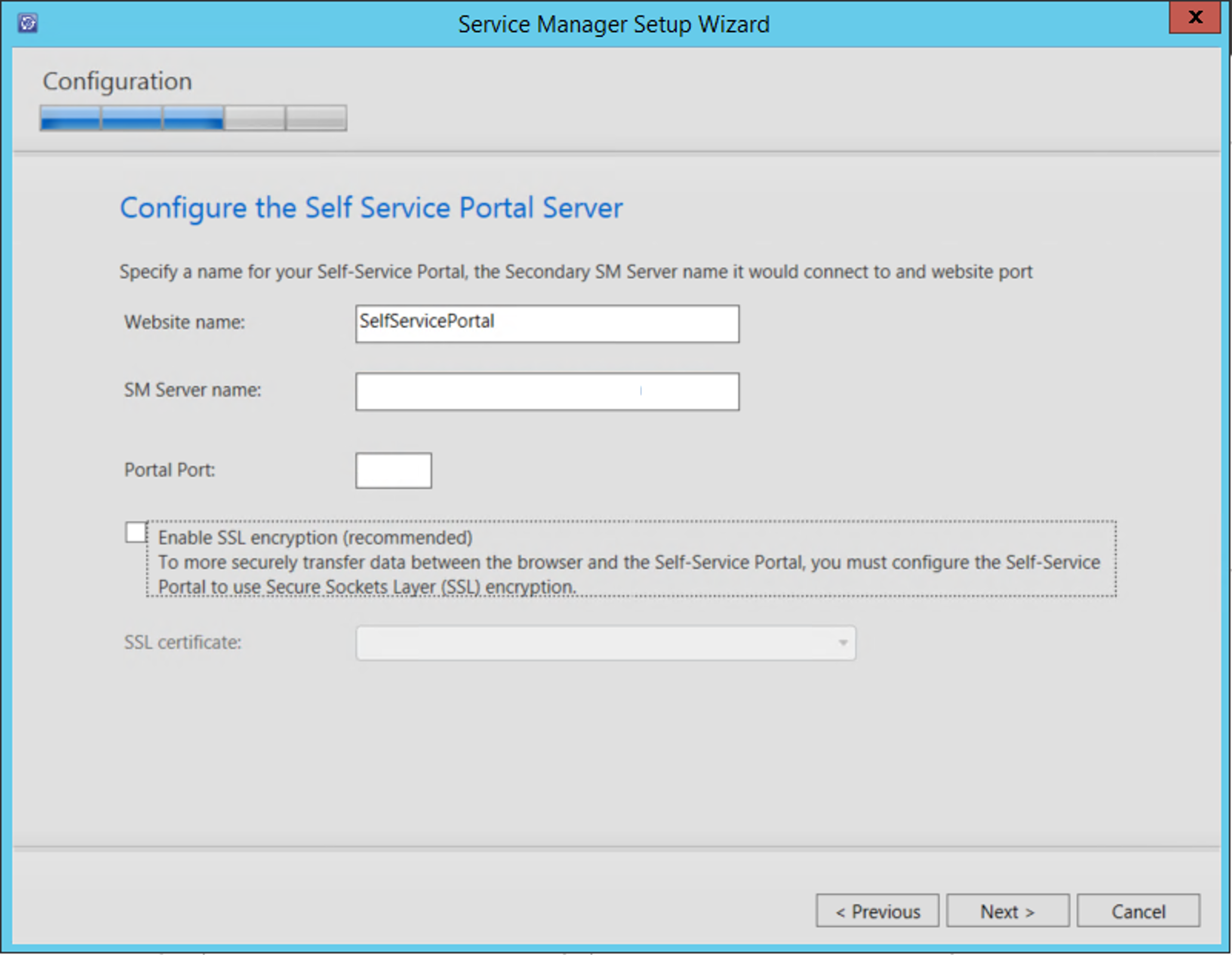 Captura de pantalla que muestra la configuración del servidor Self-Service Portal.