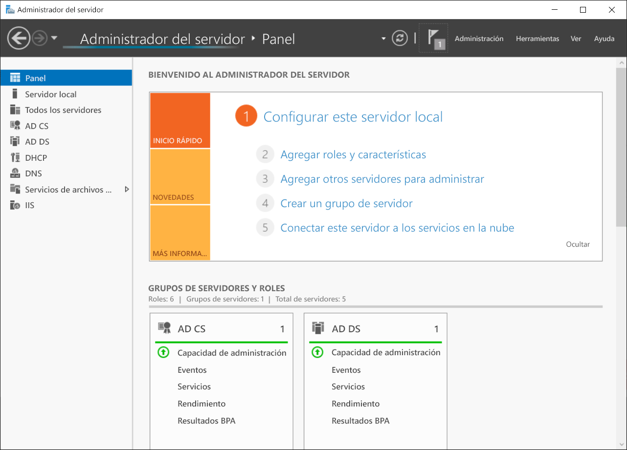 A screenshot of the Server Manager dashboard.