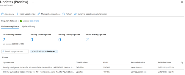 A screenshot showing Hotpatch management from the Azure portal.
