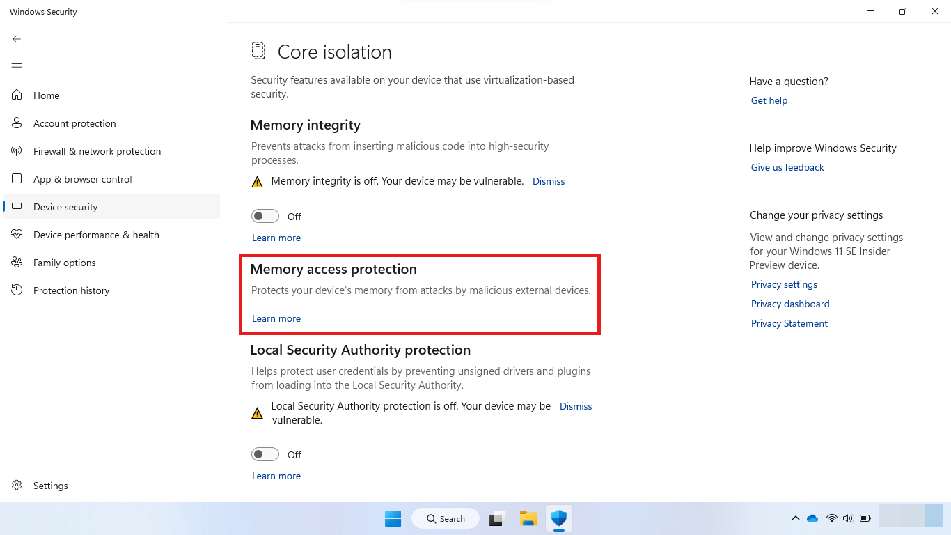 Captura de pantalla de la protección de DMA del kernel en Seguridad de Windows.