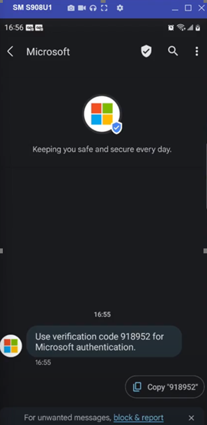 Captura de pantalla de la personalización de marca de Microsoft en los mensajes RCS.