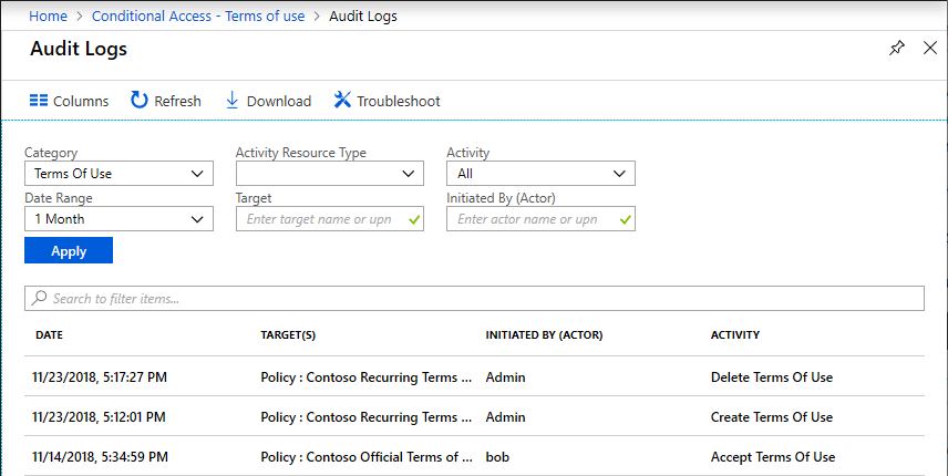 Pantalla de Registros de auditoría de Azure AD que muestra las opciones de Fecha, Directiva de destino, Iniciado por y Actividad