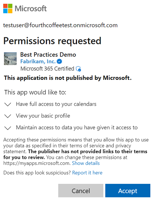 Captura de pantalla que muestra la petición de consentimiento tradicional.
