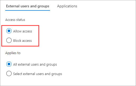 Captura de pantalla que muestra la selección del estado de acceso del usuario para la colaboración B2B.