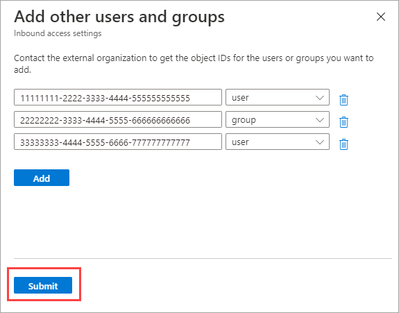Captura de pantalla que muestra el envío de usuarios y grupos.